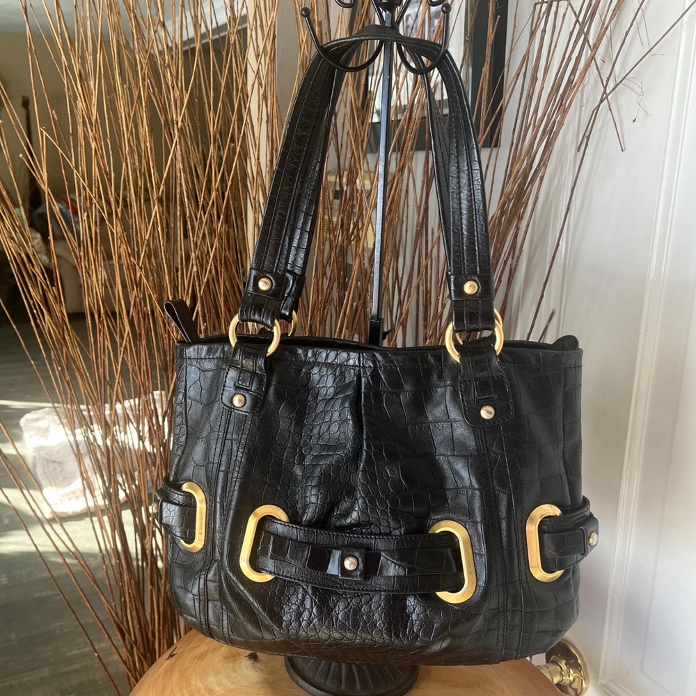 Black B. Makowsky Croc-Embossed  Leather Tote Bag w/ Gold Hardware Modern Chic